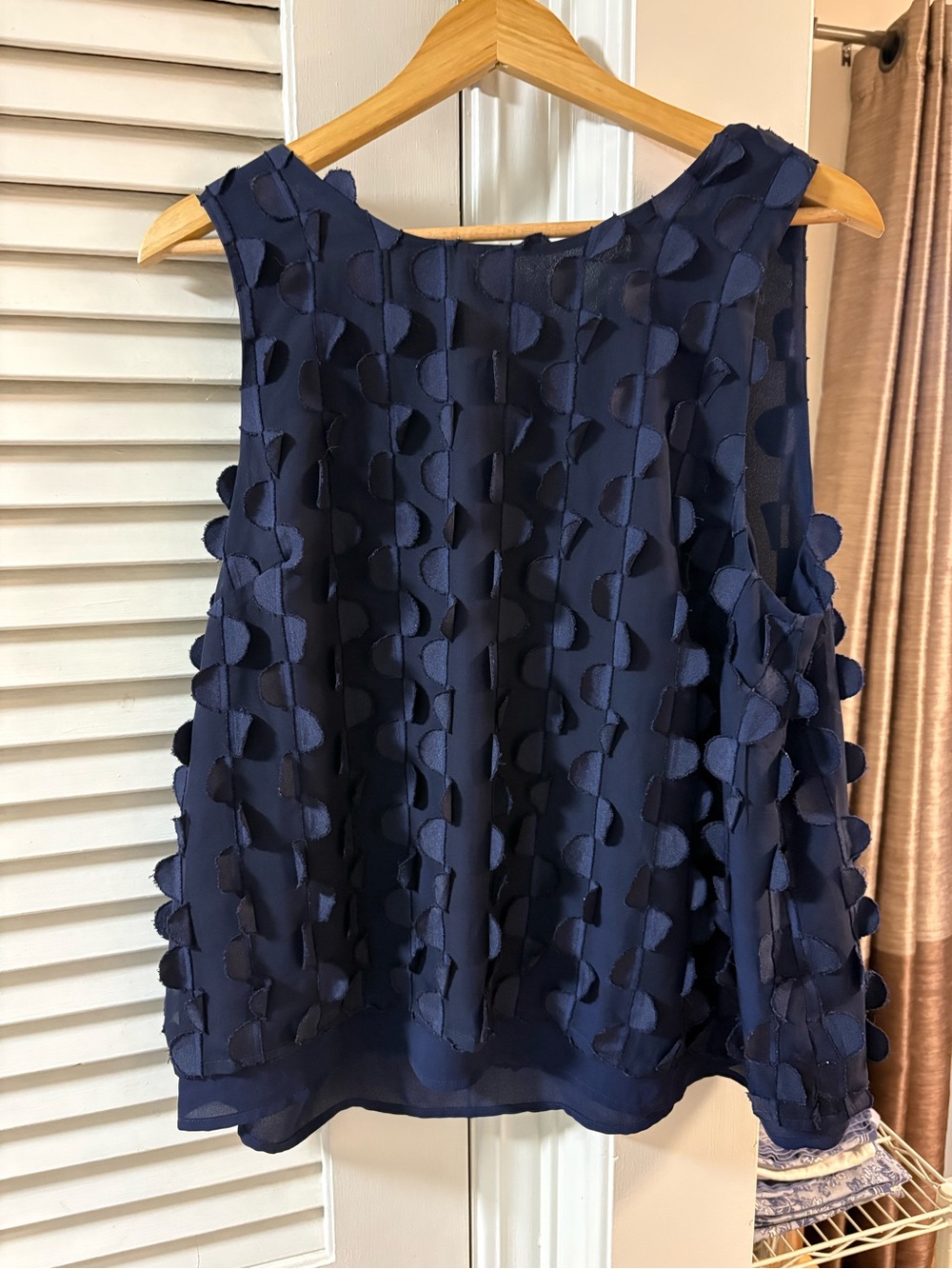 Anthropologie Navy Sleeveless Dot-Applique Chiffon Blouse